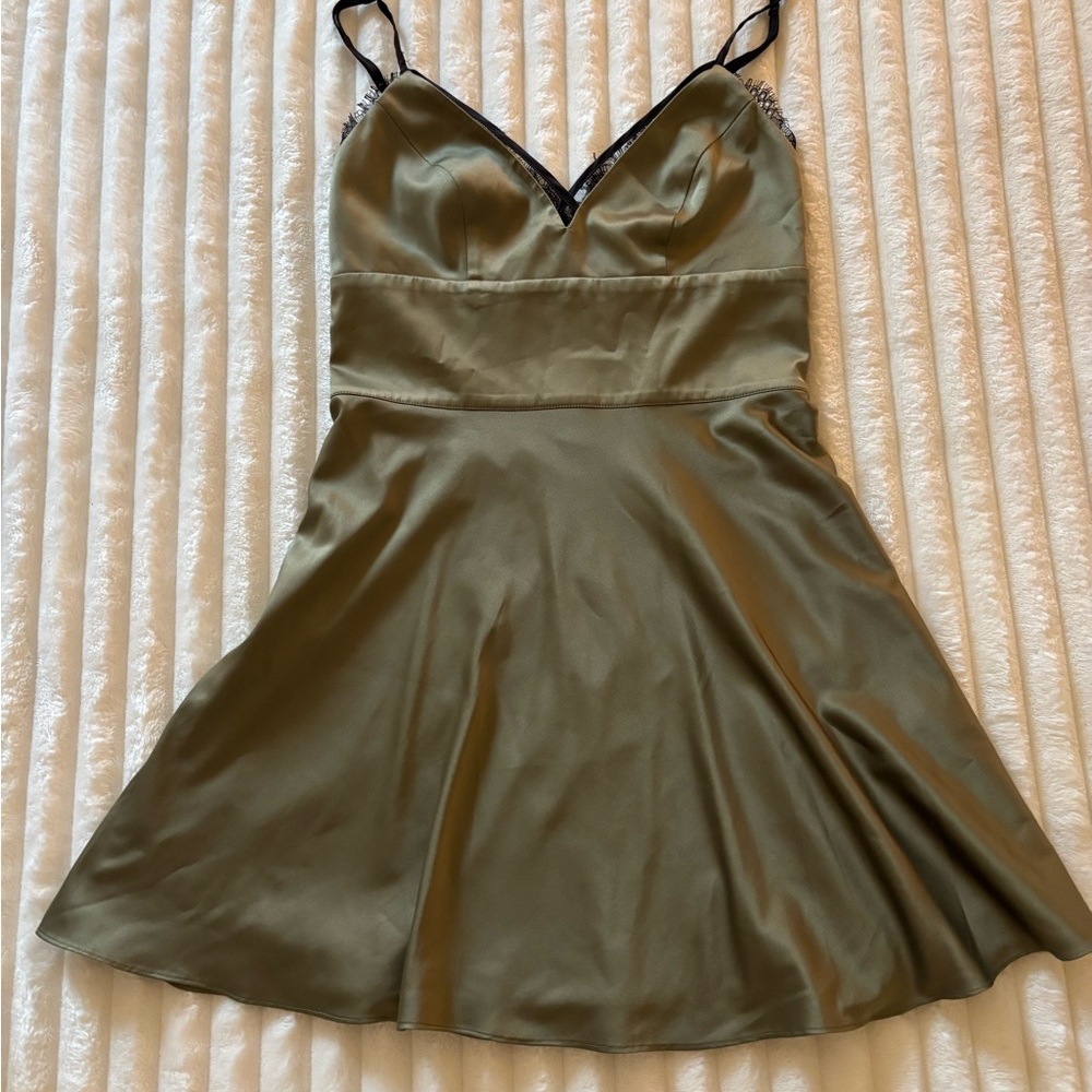 Bebe Olive Satin Dress with Black Accents